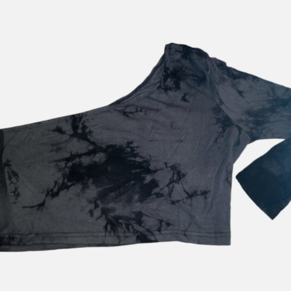 Women’s One Shoulder Crop Top XL Black Gray Tie Dye Asymmetrical Long Sleeve - Picture 6 of 10